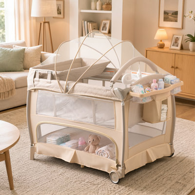 Baby Playard with Bassinet, 5-in-1Bedside Sleeper, Changing Table, Canopy & Side Zipper, Portable Baby Playard