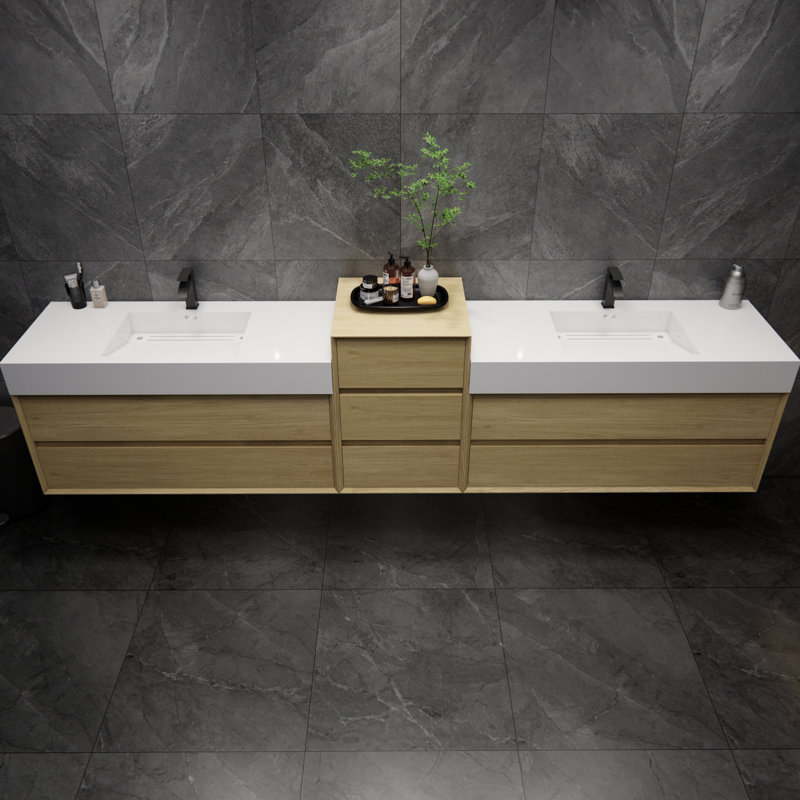 Albizu 114" Wall-Mounted Double Bathroom Vanity, Brown