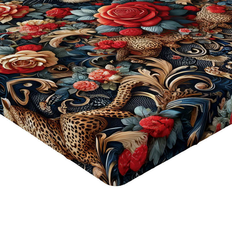 Drap-housse léopard Ambesonne_ Roses riches de style rococo_ Caramel corail foncé et bleu, Simple