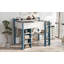 Lit mezzanine double en bois pleine grandeur avec tablettes de rangement intégrées, portemanteaux et bureau, blanc et bleu