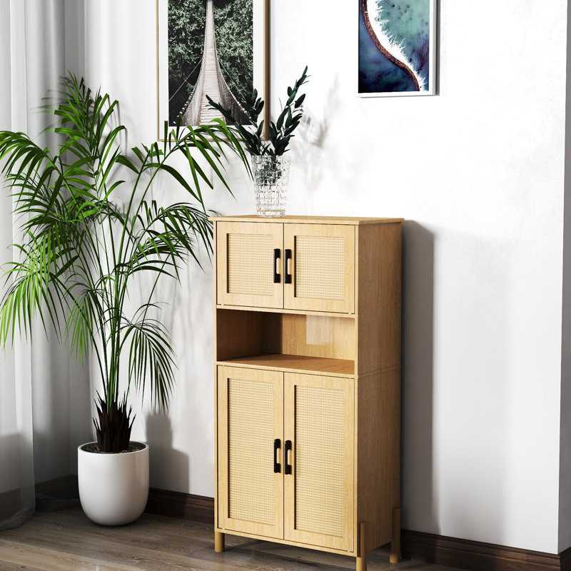 Armoire tissée Mid-Century à 4 portes avec tablettes réglables pour le rangement. Quatre catégories de conception, tablettes de rangement flexibles. Idéaux essentiels pour la salle à manger et le fouillis de salon. Structure
