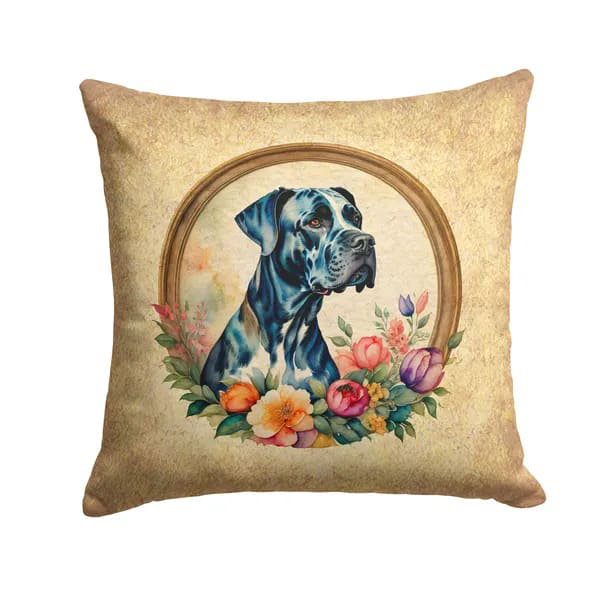 Coussin décoratif Great Dane and Flowers, lavable à la machine, intérieur / extérieur pour canapé, lit ou patio