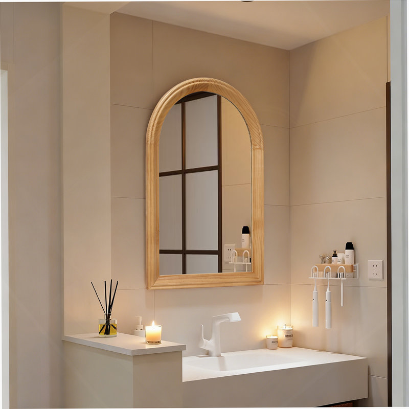Miroir mural arqué avec cadre en bois, miroir décoratif rustique pour salle de bain