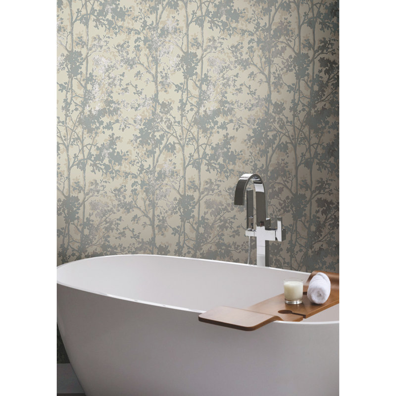 Shimmering Foliage Floral Metallic Wallpaper Roll, Cream/Silver