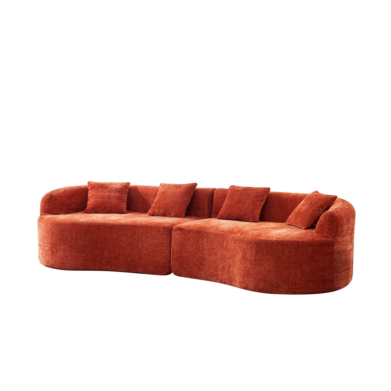 111" 4 Seater Couch For Living Room, Boneless Couch With 4 Pillows,Upholstered Floor Sofa, Orange Chenille