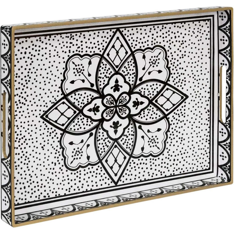 Plastic Serving Tray With Handles, Modern Black Tray For Coffee Table, Rectangular Trays With Flower Pattern, Decorative Trays For Ottoman, 15.8" Lx 11.8" W X 1.6" H