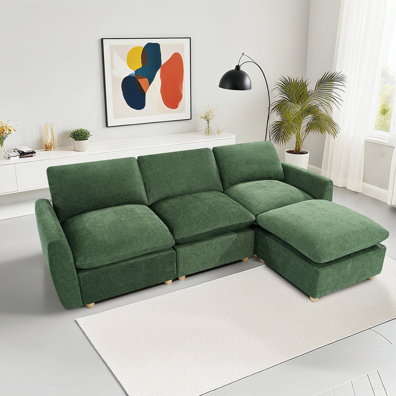100" Chenille Sectional Sofa Set with Movable Ottoman and 31.5" Side Table