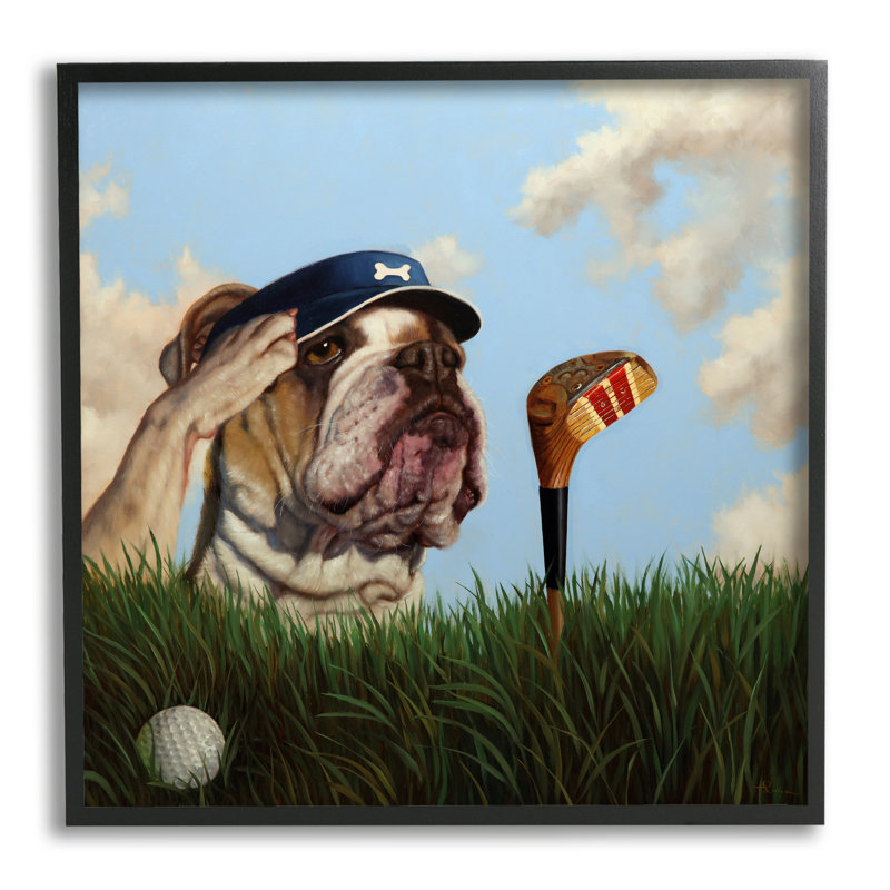 «Bulldog Golfing Illustration» par Lucia Heffernan, H 17 po x l 17 po x P 1,5 po, Giclée encadrée noir minuit