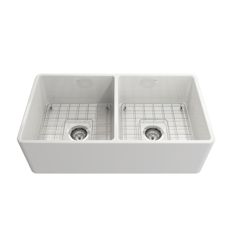 33'' L Farmhouse Double Basin Kitchen Sink, Glossy White