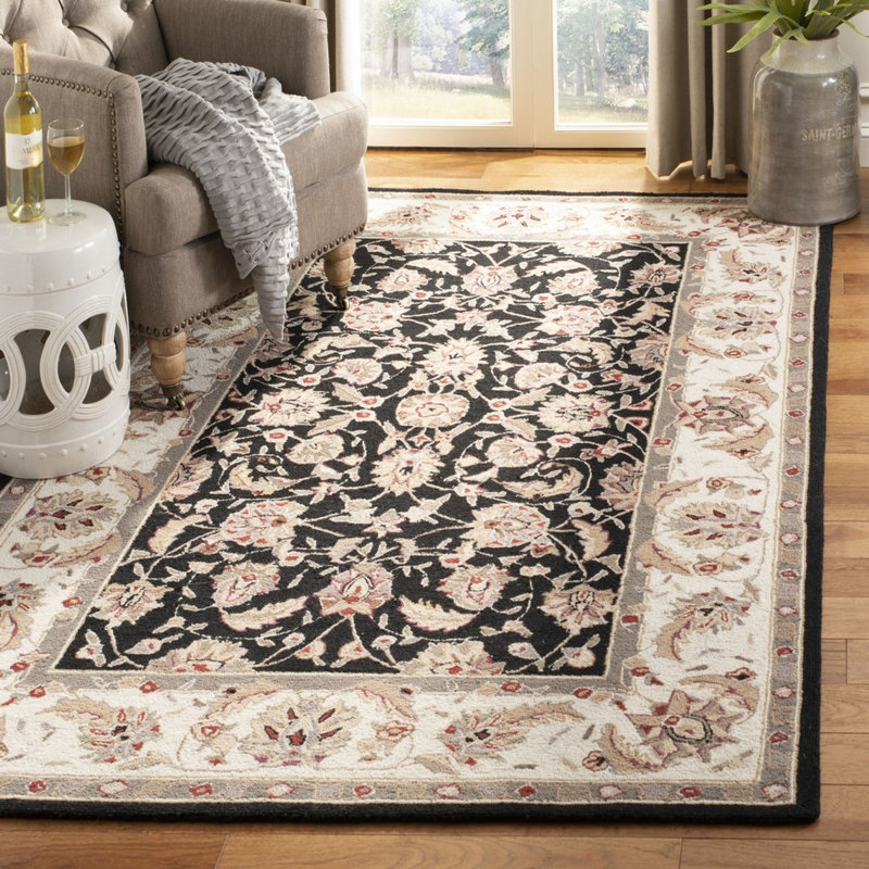 Helena Oriental Hand Hooked Wool Green/Black Area Rug, Rectangle 5'3" x 8'3"