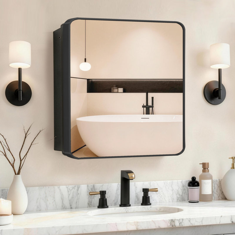Armoire à pharmacie noire avec miroir, armoire de salle de bain encastrée ou à fixation en surface avec tablettes réglables