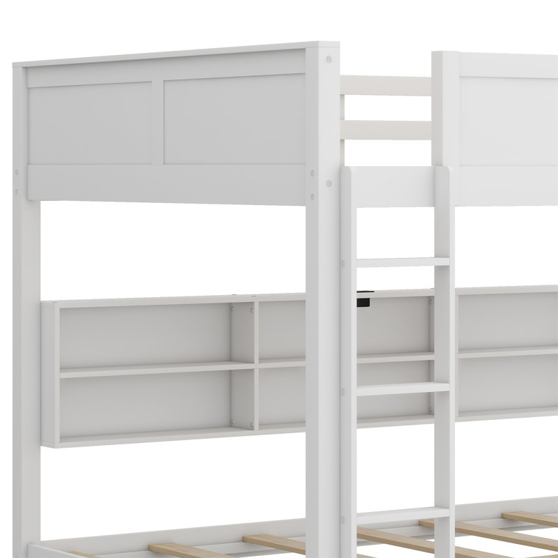 Lit superposé avec armoires de rangement et ports USB, Blanc