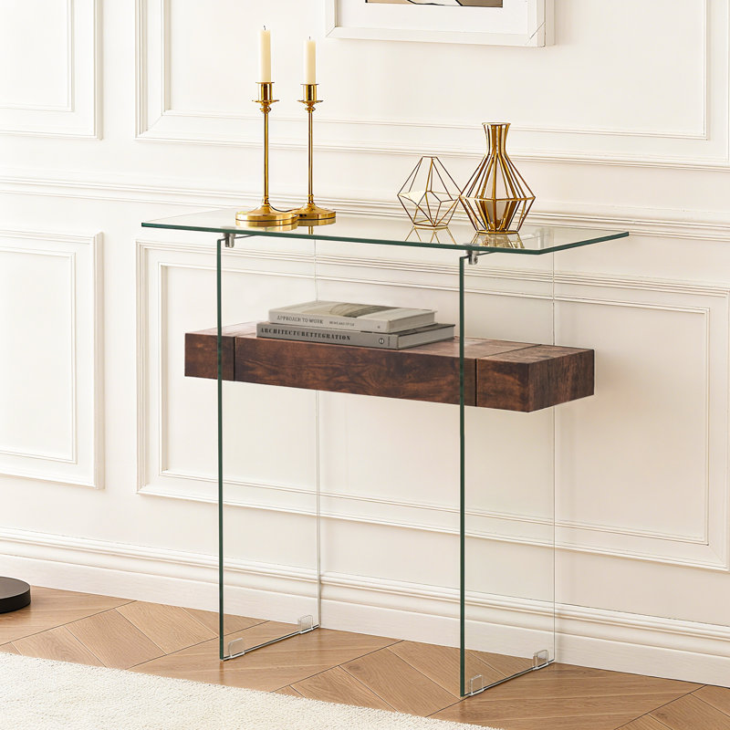 Tempered Glass Console Table with Shelf, Walnut, 31.5"H x 31.5"W x 13.8"D
