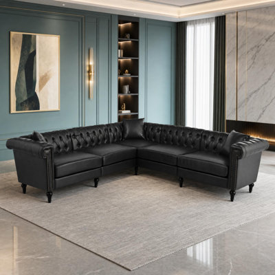 Chesterfield Faux Leather Sectional with Rolled Arms