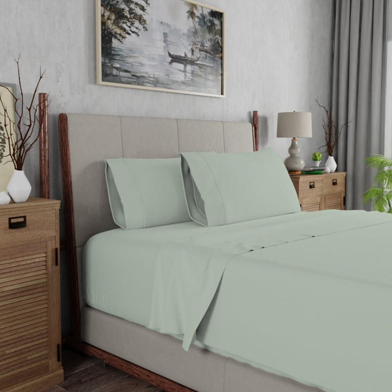 Ensemble de draps légers en mélange de coton brossé infroissable, Vert tendre