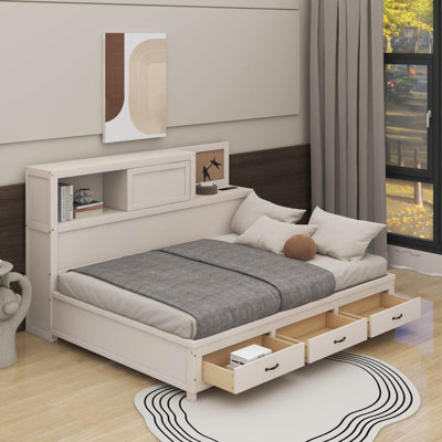 Full Size Wooden Daybed With 3 Storage Drawers, Upper Soft Board, Shelf, And A Set Of Sockets And USB Ports