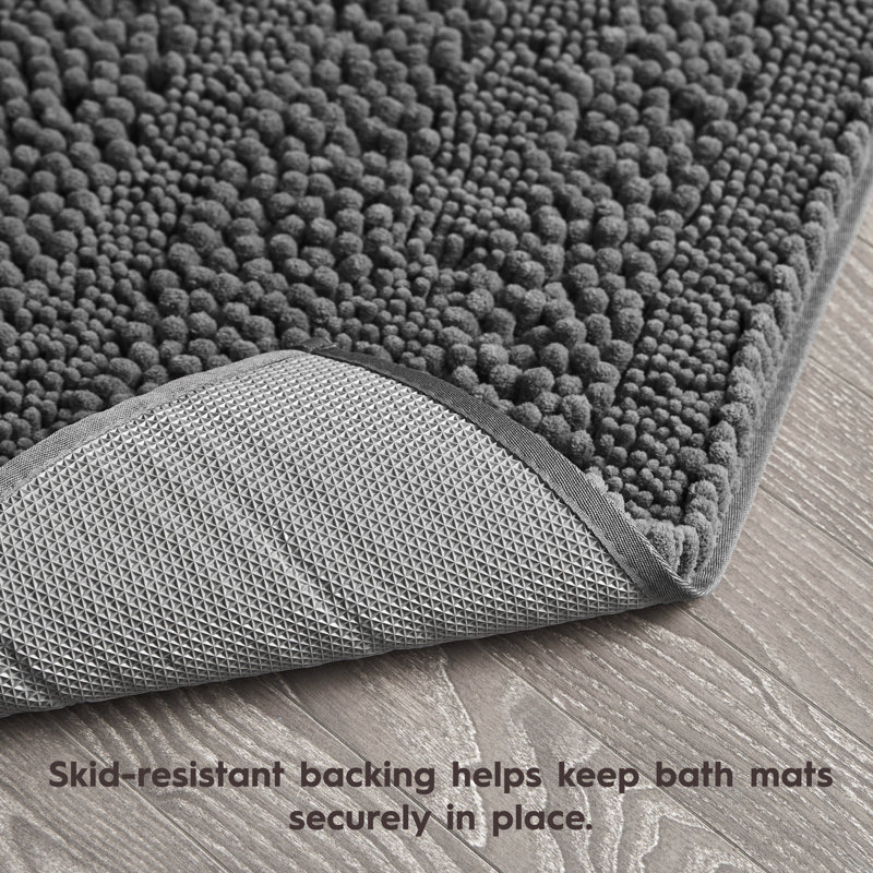 Dark Gray Chenille Non-Slip Polyester Bath Mat Set