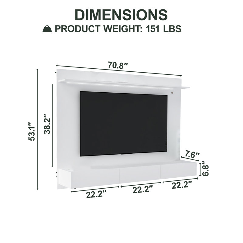 Melisandra Multi Storage Wall for 65 inch TVs, Floating TV Stand with 2 Sliding Doors and Shelves, White