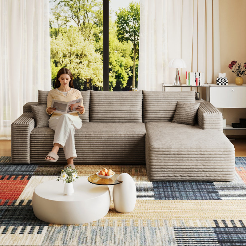 Canapé modulaire 95 pouces sans assemblage et coin profond, Camel-Right-Shape Corduroy