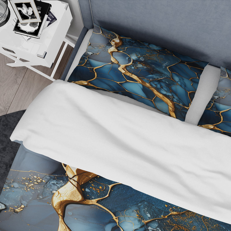 Ensemble de housse de couette abstrait doré et saphir bleu marbré IV, Housse de couette simple + 1 taie décorative stan