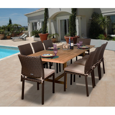 Brote 8 - Person Teak Patio Dining Set with Extendable Rectangular Table , Cushions Included