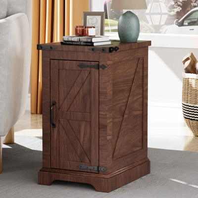 Farmhouse End Table With Charging Station, Wood Side Table With Storage & Adjustable Shelf And Built-In Outlets