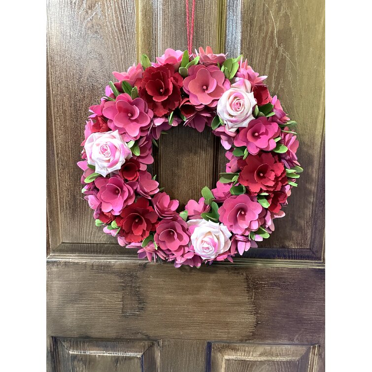 Valentine Wood Curled Red and Pink Flowers Heart Shaped Wreath