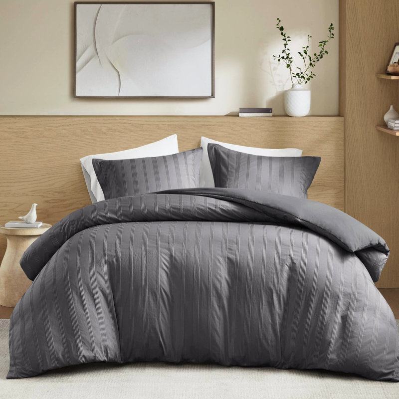 3 couettes avec taies décoratives à fermeture à enveloppe, tissé, gris anthracite, sophistication intemporelle à rayures, conception antidérapante, facile à laver