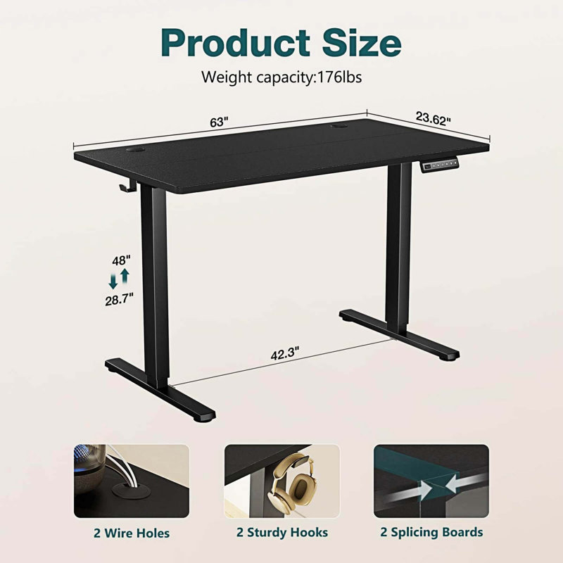 Bureau debout à hauteur ajustable Marther, H 28 po x l 62 po x P 23 po, Noir