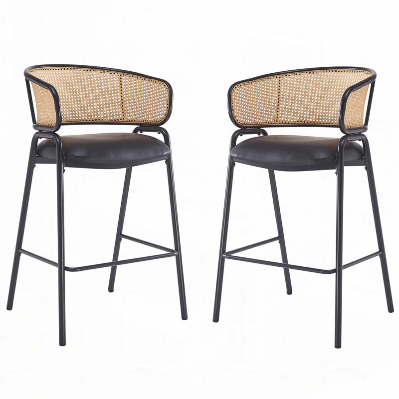 Tabouret de bar rembourré, siège en similicuir avec dossier en rotin Wowen