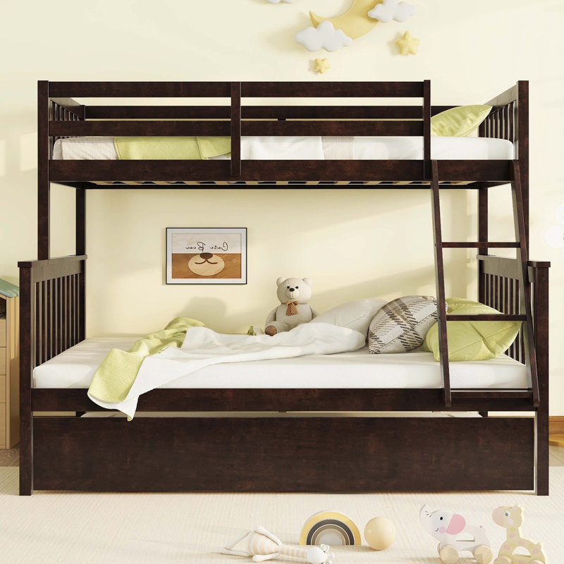 Espresso Rubber Wood Twin-Over-Full Bunk Bed Featuring Trundle, Convertible Ladder, Guardrails, And Detachable Structure