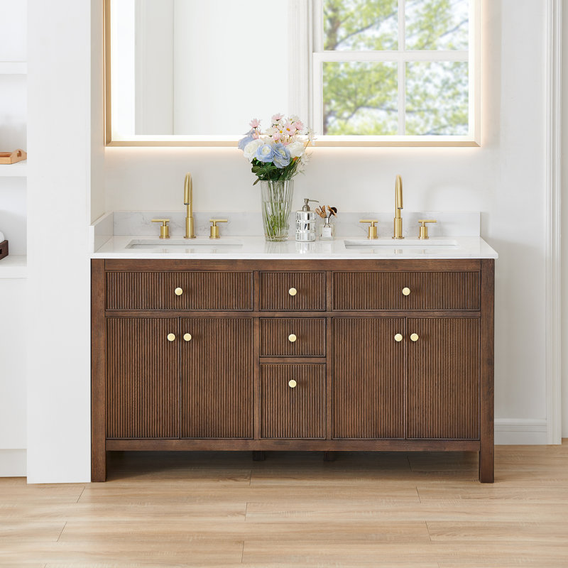 Lala 60" Double Bathroom Vanity with Grain White Engineered Stone Countertop without Mirror, Brown Brushed Oak