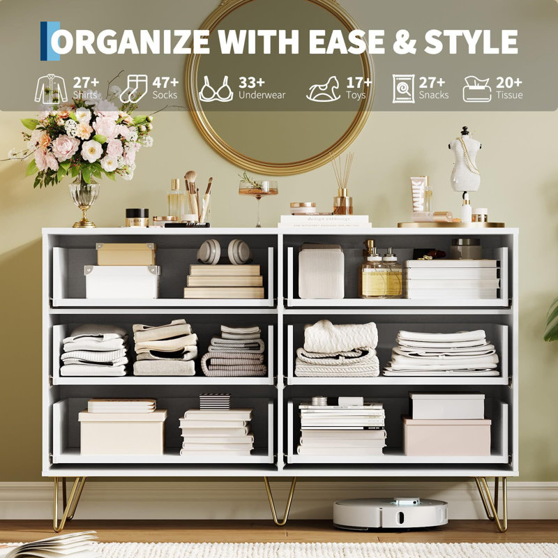 Modern Wood Dresser with 6 Fluted Drawers, Large Storage Chest for Bedroom or Living Room, White