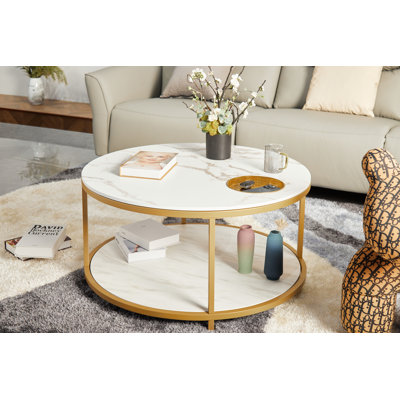 Table de bout ou table de chevet moderne blanche / grise avec plateau en pierre et cadre doré l 15,7 po x P 19,7 po x H 19,1 po Bois d'ingénierie blanc / gris