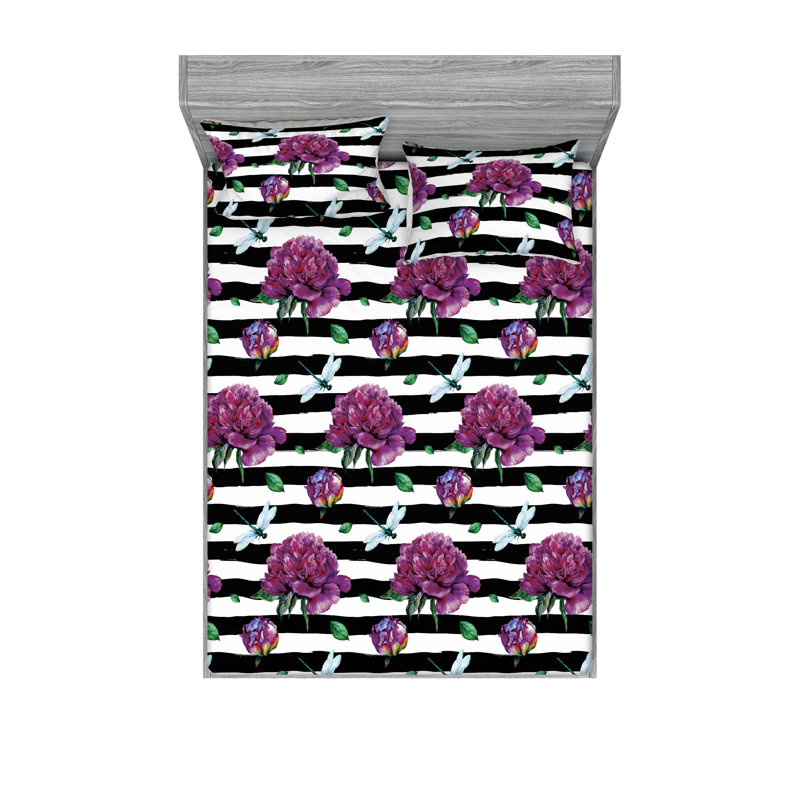 Drap-housse et taies décoratives 3 pièces Ambesonne, Mauve et vert jade / motif floral blanc