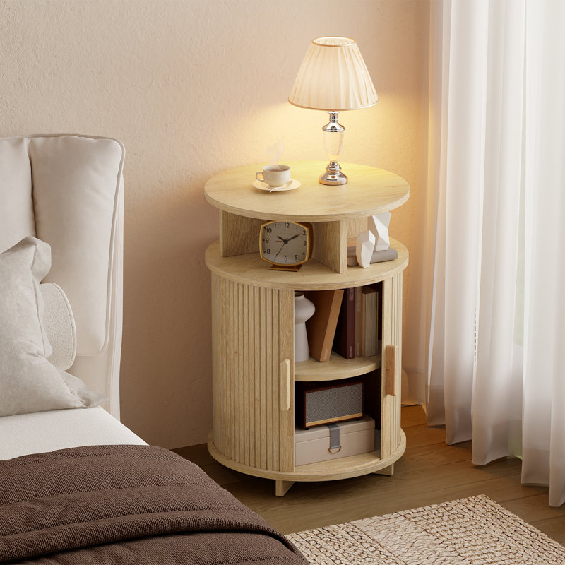 15.7" Round Fluted End Tables with Charging Station and Sliding Tambour Door, Natural