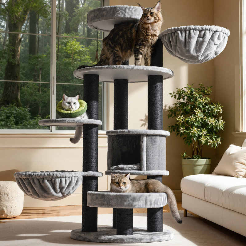 Arbre à chat multifonctionnel moderne H 65 po pour grands chats et MaineCoon, Gris foncé