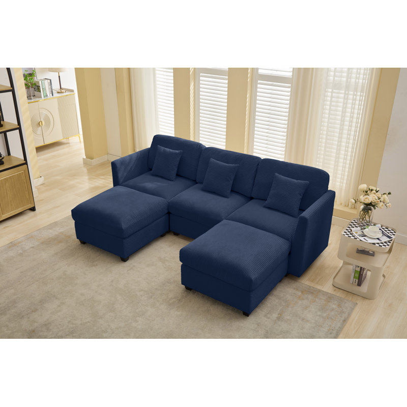 5-piece Modular Sectional Sofa With 2 Ottomans, Dark Blue Corduroy