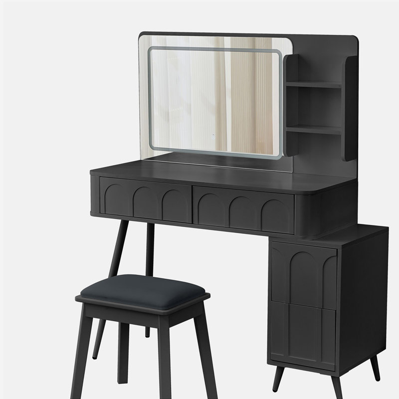 Modern Makeup Vanity Desk with LED Lights & Mirror, 4 Drawer Dressing Table Set with Stool, 3 Colors Dimmable Brightness, Space-Saving for Bedroom, Black