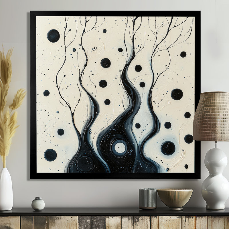 «Black and White Sprial», art mural encre rythmique, H 16 po x l 16 po, Reproduction encadrée d'une seule photo, Noir