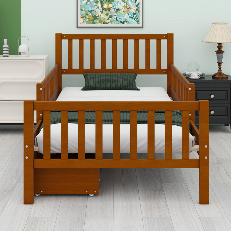 Lit plateforme en bois avec garde-corps des deux côtés et deux tiroirs de rangement, Lit simple