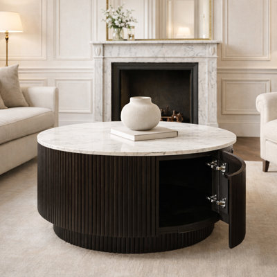Table basse Mid-Century moderne en bois massif et marbre avec rangement - noir et blanc