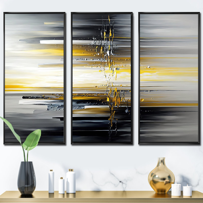 Abstrait géométrique noir et jaune II - 3 pièces sur toile, Cadre flottant noir, H 28 po x l 36 po x P 1 po