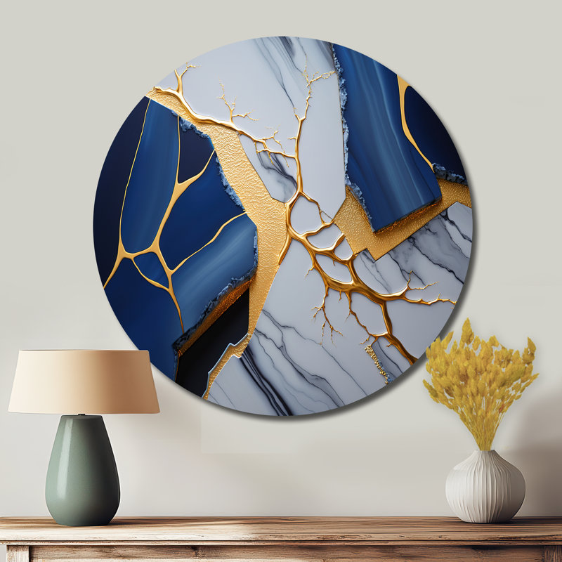 Géode abstraite bleue I - Art abstrait rond en métal, H 36 po x l 36 po