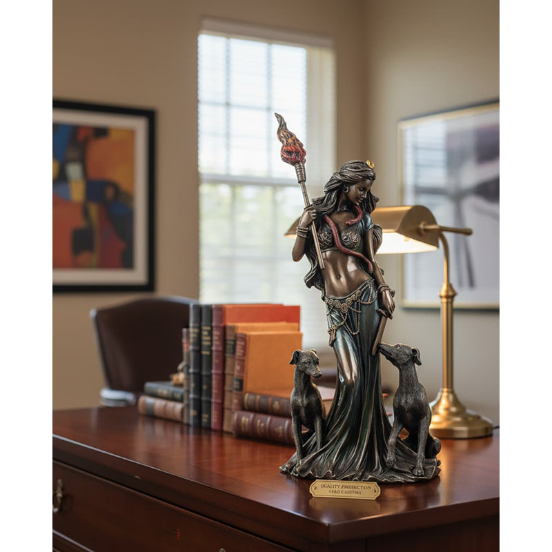 13" Hecate Greek Goddess Resin Sculpture - Marble White Finish with Hounds, Antique Bronze