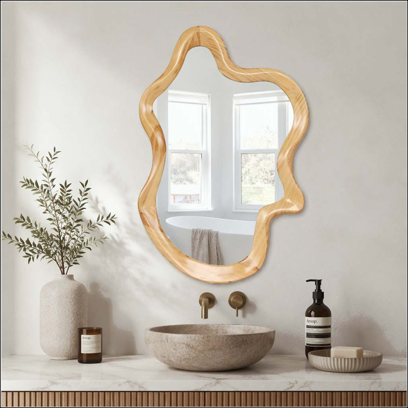 Irregular Shaped Wall Mirror with Natural Wood Frame