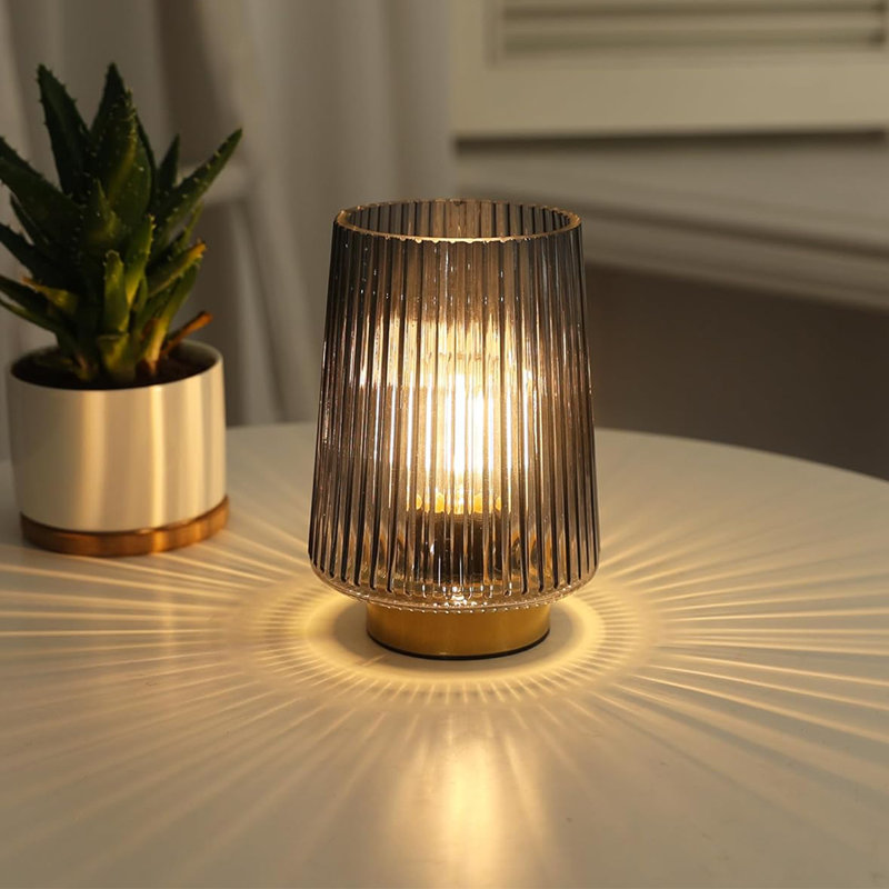 Gray Glass Cordless Battery Operated Table Lamp with Timer