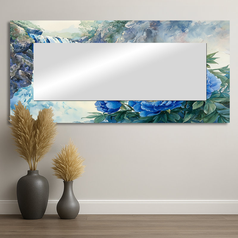Pivoines par la chute d'eau II - miroir mural floral - imprimé sur métal, 28 po x 60 po