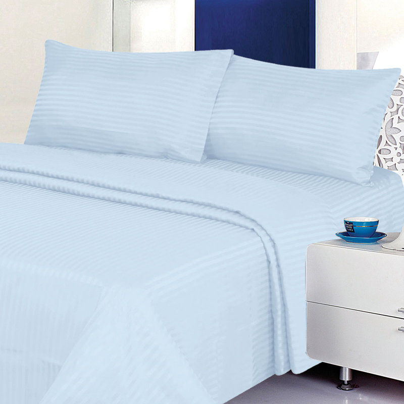 100% Cotton Sateen Striped Sheet Set, King Sheet Set + 2 Pillowcases, Light Blue