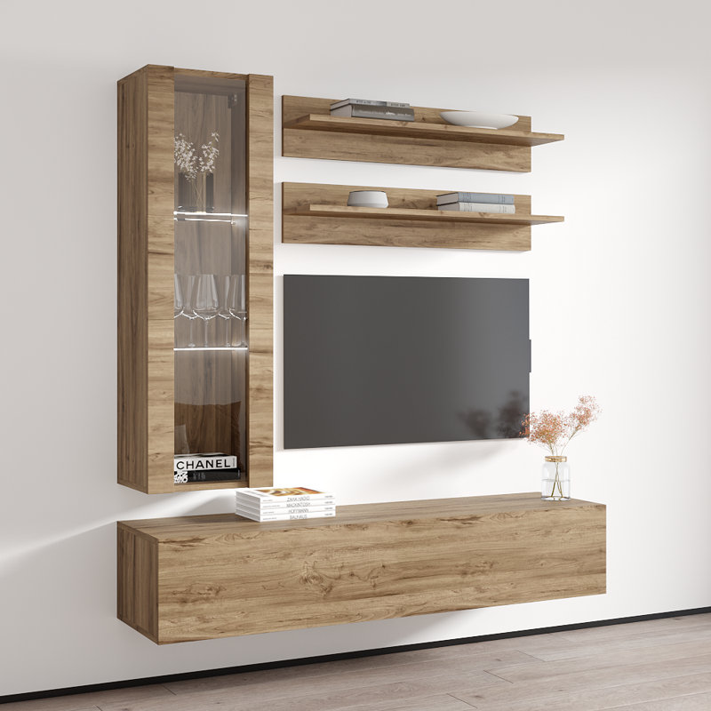Visser 63" Modern Floating Wall Mounted Entertainment Center with 16-Color LED Lighting, High Gloss Finish, Oak